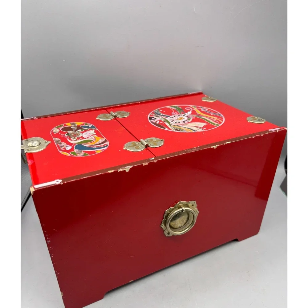 Vintage Red Lacquer Jewelry Box Sun‎ Moon Deer Inlay Brass Accents Asian
